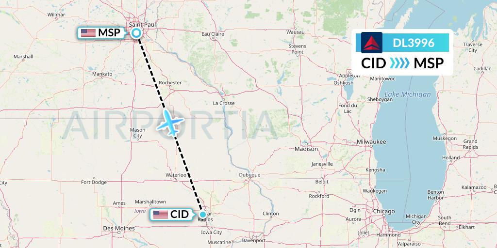 DL3996 Delta Air Lines Flight Map: Cedar Rapids to Minneapolis