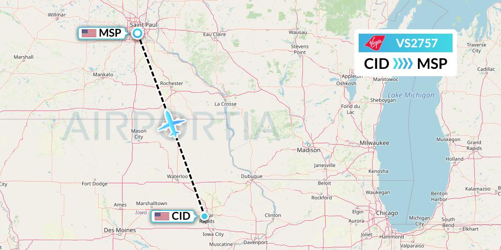 VS2757 Virgin Atlantic Airways Flight Map: Cedar Rapids to Minneapolis