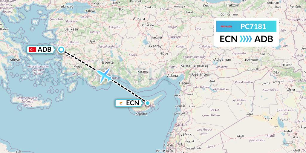 PC7181 Pegasus Airlines Flight Map: Tymvou to Izmir