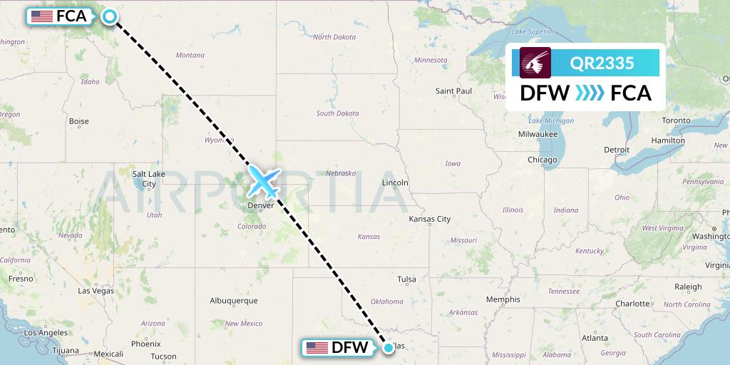 QR2335 Qatar Airways Flight Map: Dallas to Kalispell