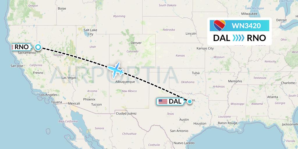 WN3420 Southwest Airlines Flight Map: Dallas to Reno