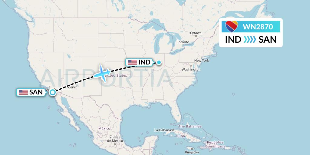 WN2870 Southwest Airlines Flight Map: Indianapolis to San Diego