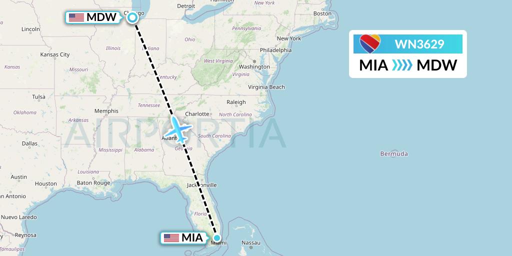 WN3629 Southwest Airlines Flight Map: Miami to Chicago