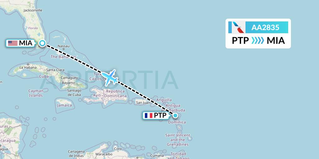 AA2835 American Airlines Flight Map: Pointe-a-Pitre to Miami