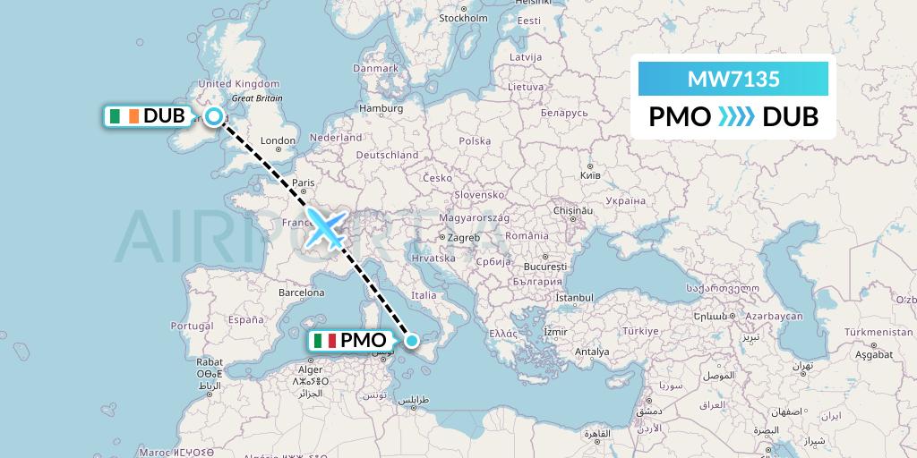 MW7135 Mokulele Flight Service Flight Map: Palermo to Dublin