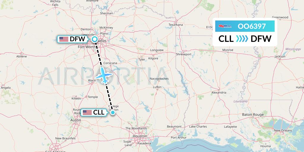 OO6397 SkyWest Airlines Flight Map: College Station to Dallas