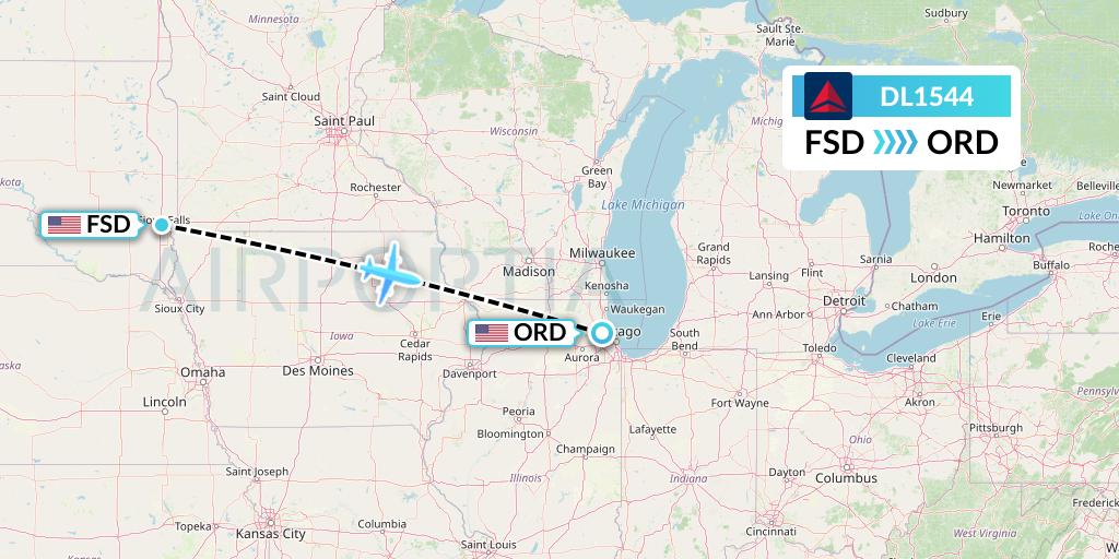 DL1544 Delta Air Lines Flight Map: Sioux Falls to Chicago