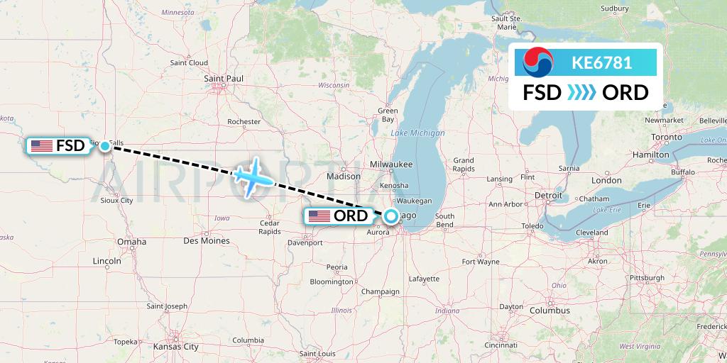 KE6781 Korean Air Flight Map: Sioux Falls to Chicago