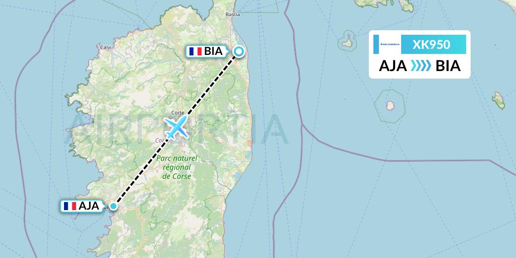 XK950 Air Corsica Flight Map: Ajaccio to Bastia
