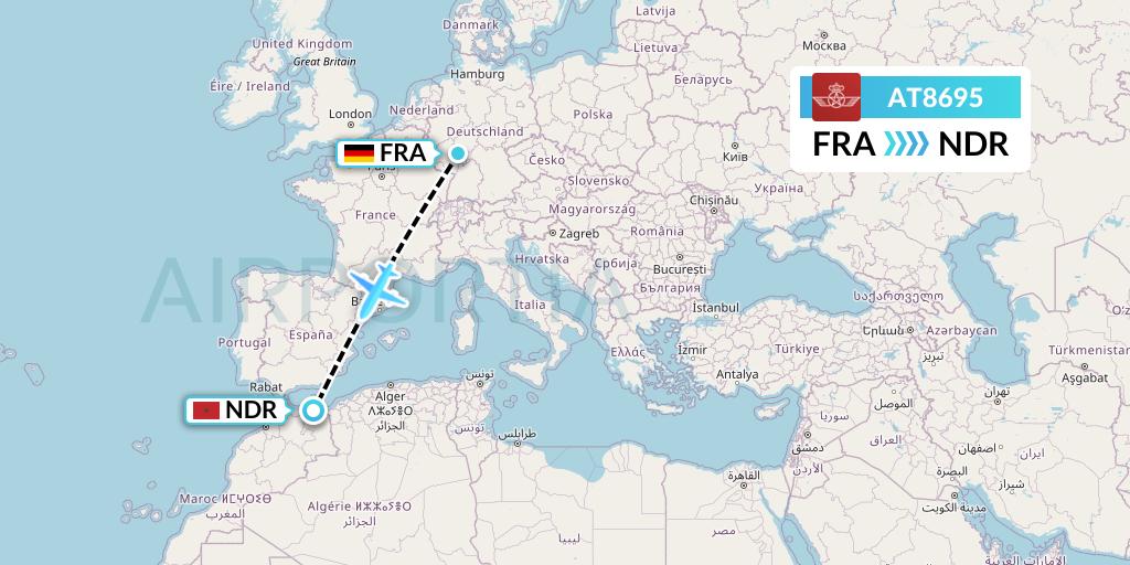 AT8695 Royal Air Maroc Flight Map: Frankfurt to Nador