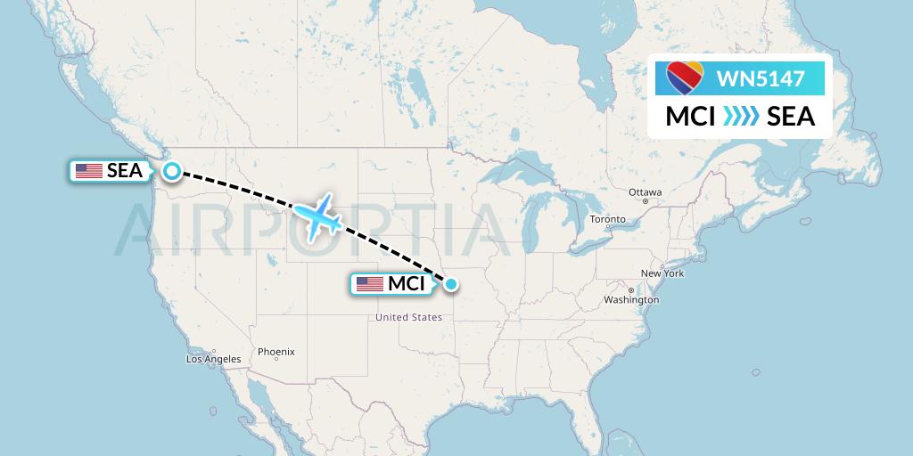 WN5147 Southwest Airlines Flight Map: Kansas City to Seattle