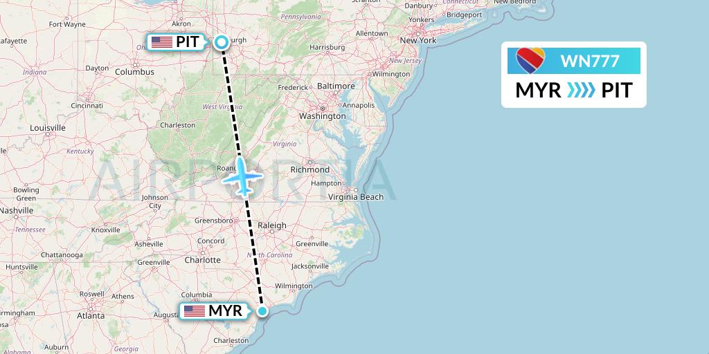 WN777 Southwest Airlines Flight Map: Myrtle Beach to Pittsburgh