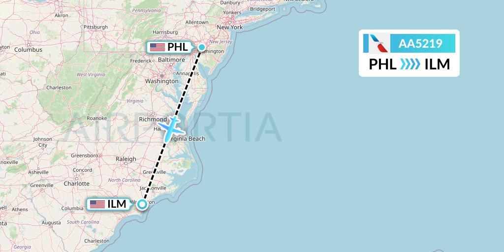 AA5219 American Airlines Flight Map: Philadelphia to Wilmington