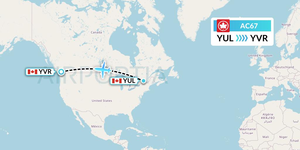 AC67 Air Canada Flight Map: Montreal to Vancouver