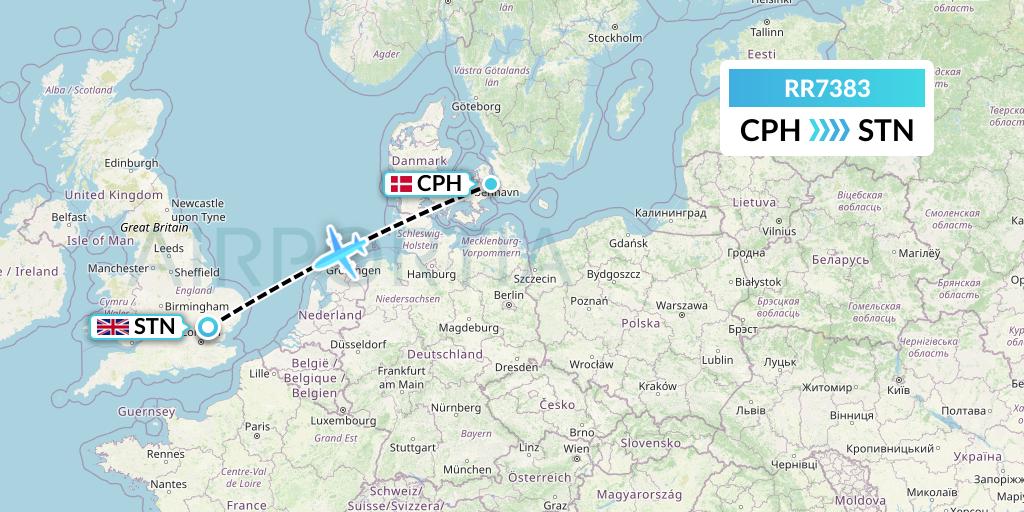 RR7383 Royal Air Force Flight Map: Copenhagen to London