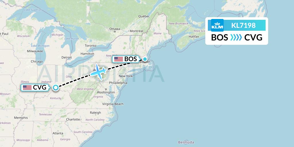 KL7198 KLM Flight Map: Boston to Cincinnati