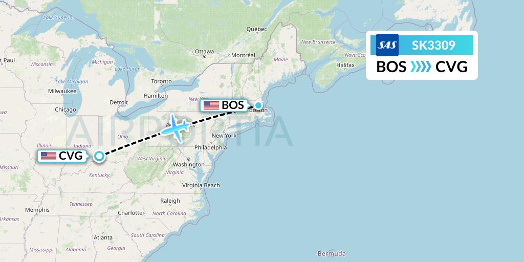 SK3309 SAS Flight Map: Boston to Cincinnati