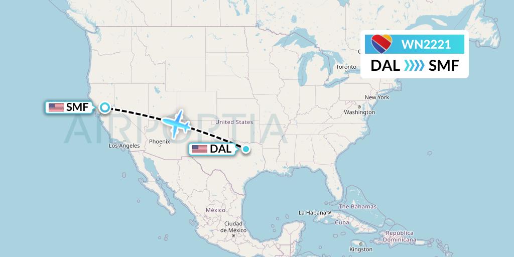 WN2221 Southwest Airlines Flight Map: Dallas to Sacramento