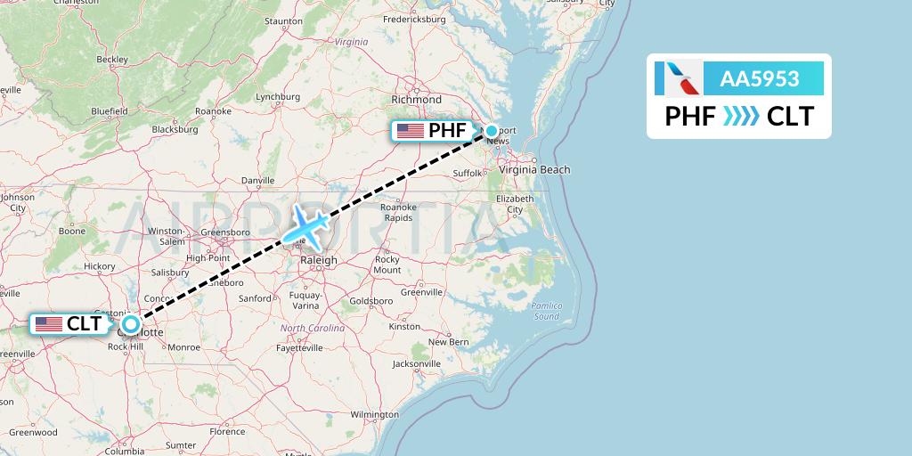 AA5953 American Airlines Flight Map: Newport News to Charlotte