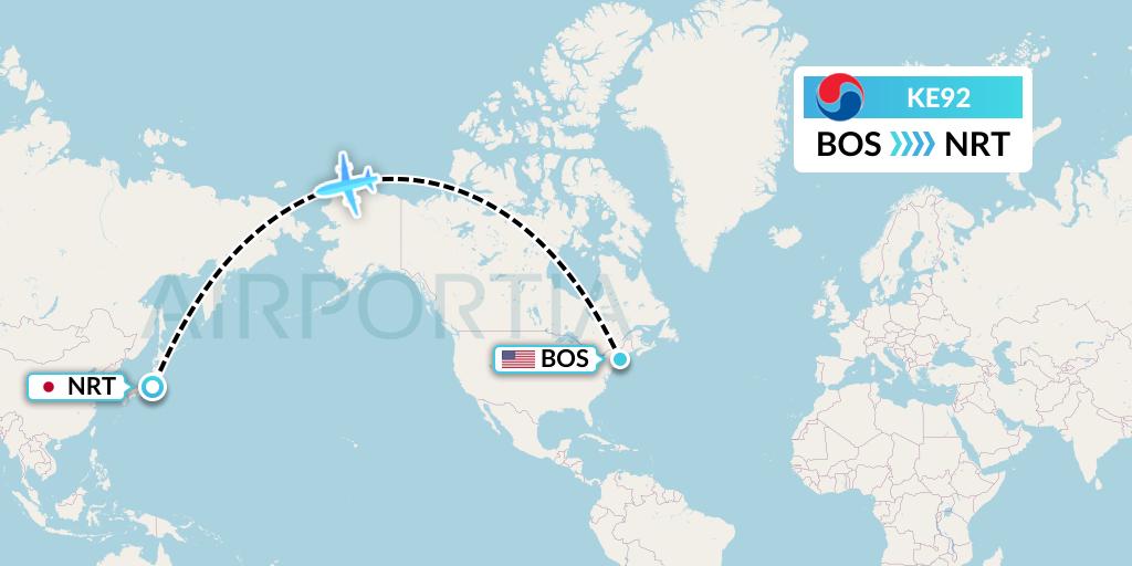 KE92 Korean Air Flight Map: Boston to Tokyo