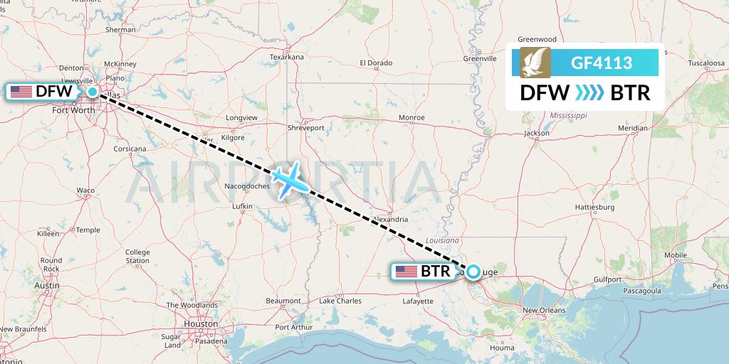GF4113 Gulf Air Flight Map: Dallas to Baton Rouge