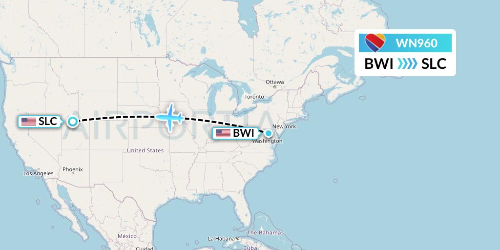 WN960 Southwest Airlines Flight Map: Baltimore to Salt Lake City