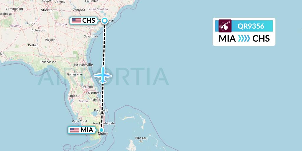 QR9356 Qatar Airways Flight Map: Miami to Charleston