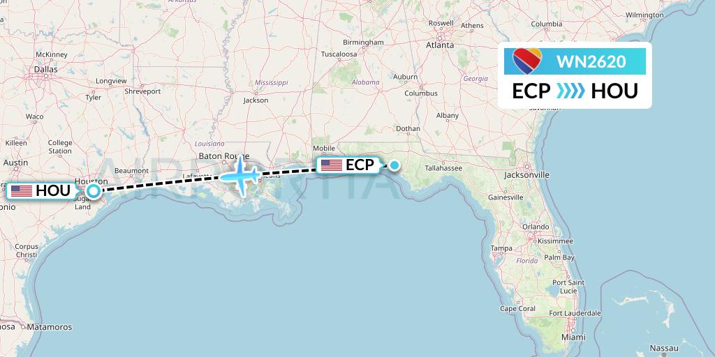 WN2620 Southwest Airlines Flight Map: Panama City to Houston