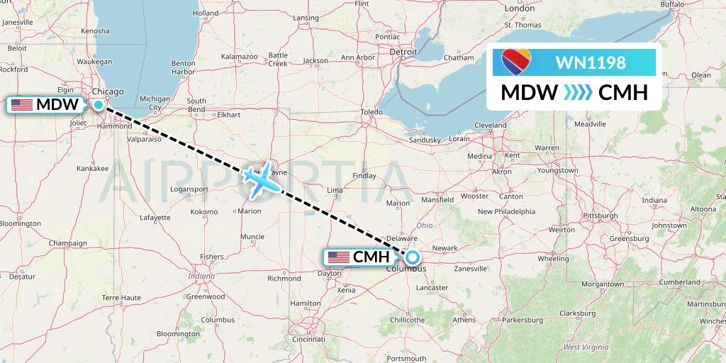 WN1198 Southwest Airlines Flight Map: Chicago to Columbus