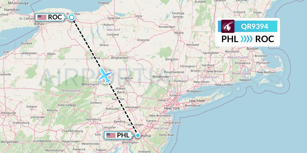 QR9394 Qatar Airways Flight Map: Philadelphia to Rochester