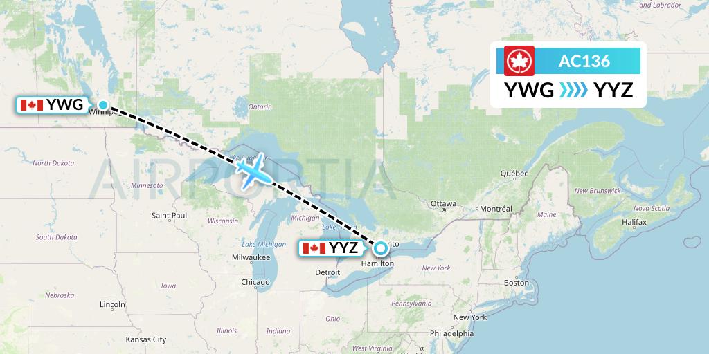 AC136 Air Canada Flight Map: Winnipeg to Toronto