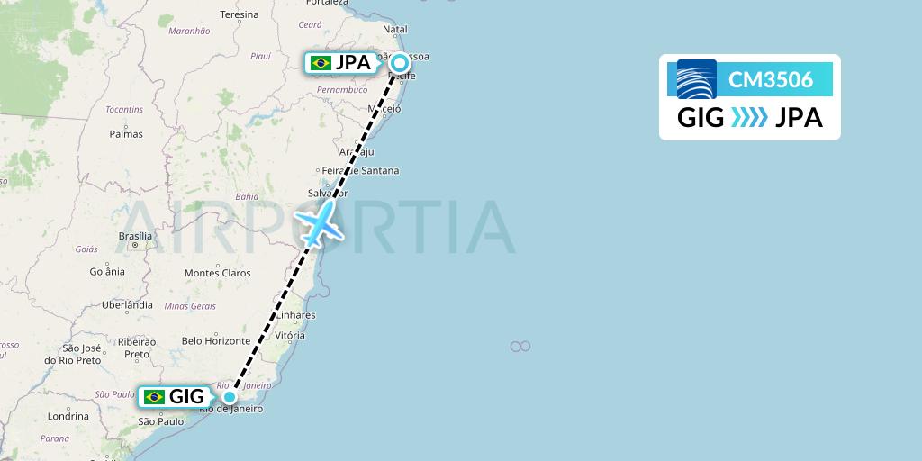 CM3506 Copa Airlines Flight Map: Rio de Janeiro to Joao Pessoa