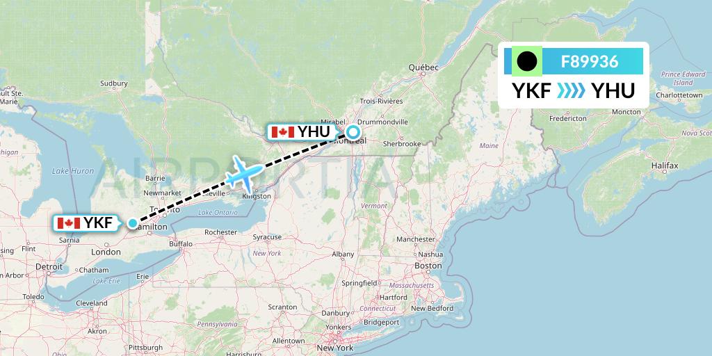 F89936 Flair Airlines Flight Map: Waterloo to Montreal
