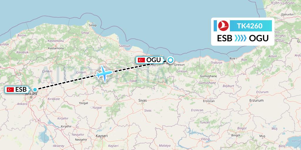TK4260 Turkish Airlines Flight Map: Ankara to Ordu