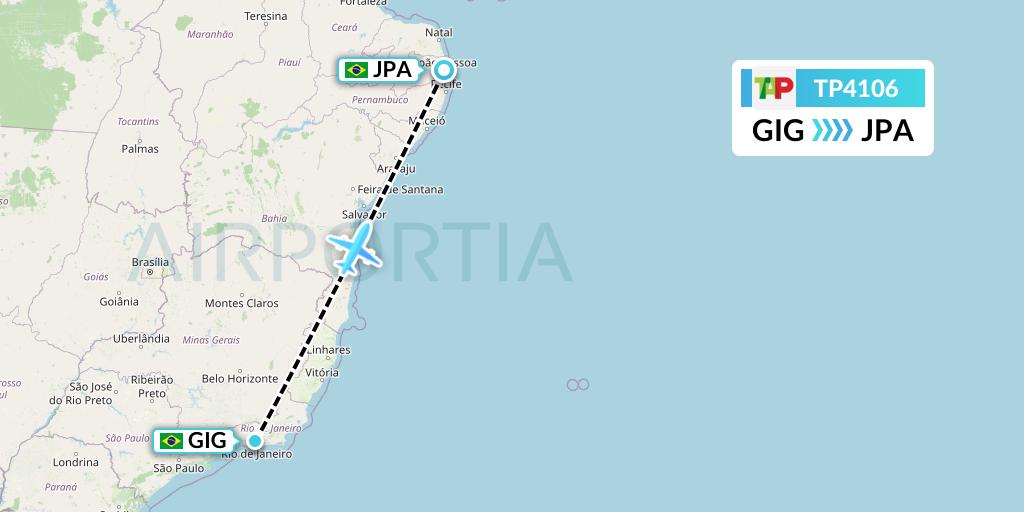TP4106 TAP Portugal Flight Map: Rio de Janeiro to Joao Pessoa
