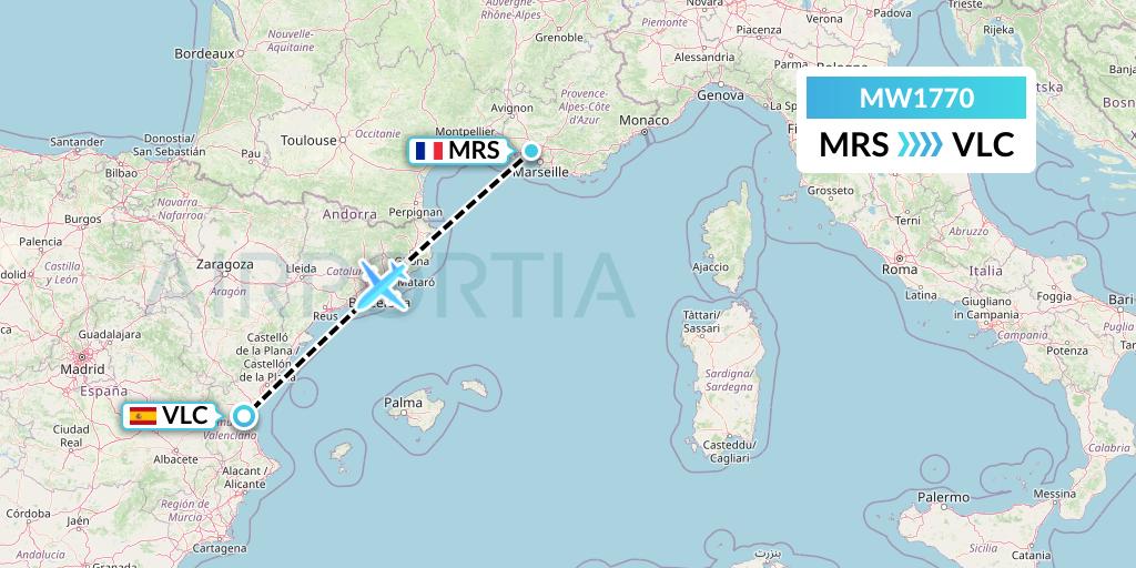 MW1770 Mokulele Flight Service Flight Map: Marseille to Valencia