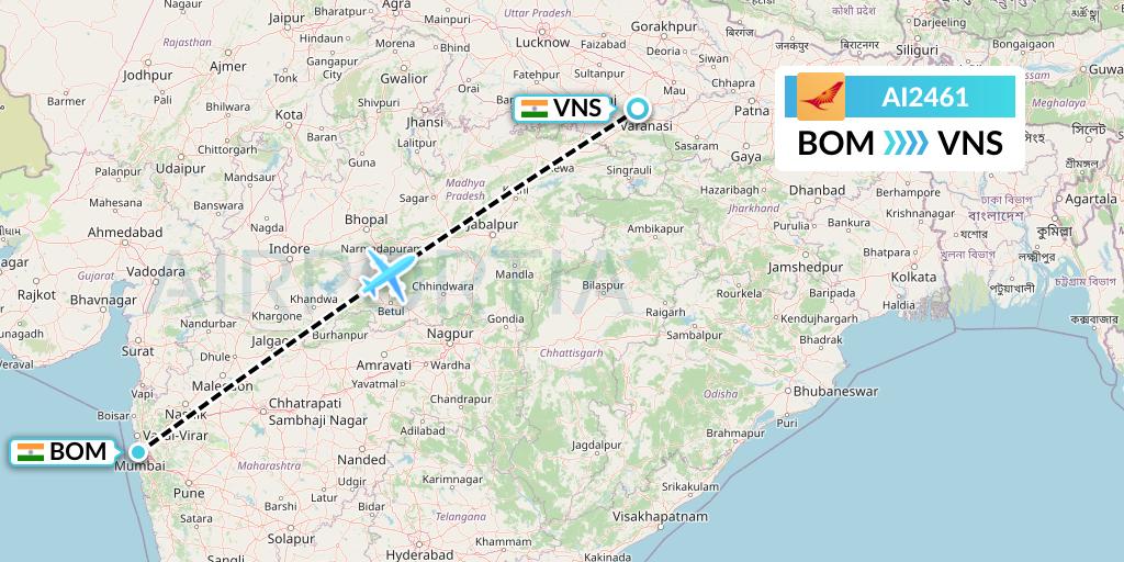 AI2461 Air India Flight Map: Mumbai to Varanasi