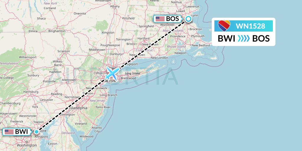 WN1528 Southwest Airlines Flight Map: Baltimore to Boston