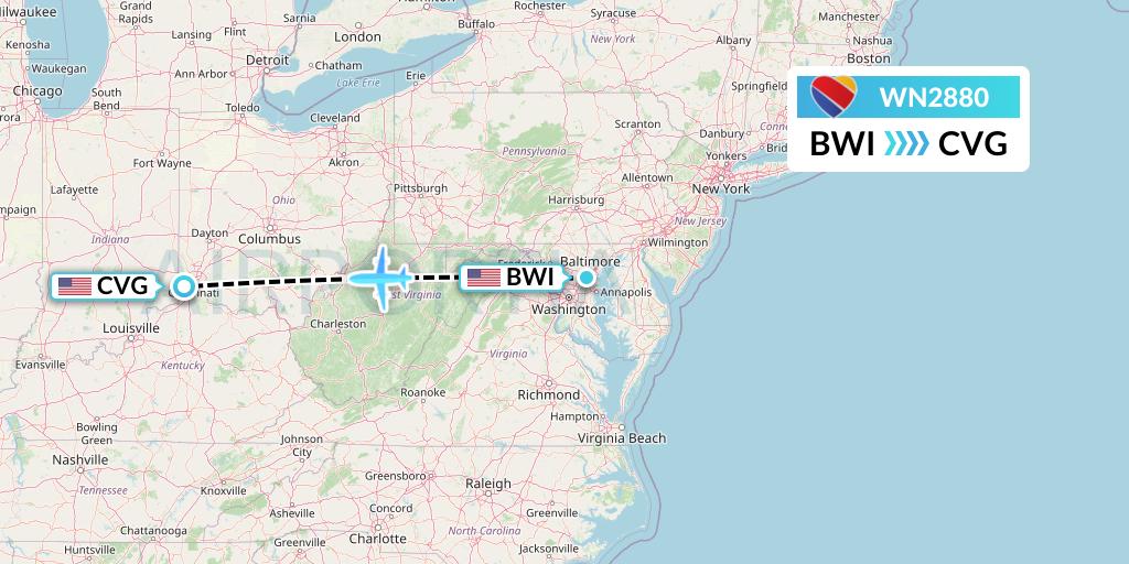 WN2880 Southwest Airlines Flight Map: Baltimore to Cincinnati