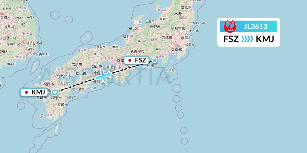 JL3613 Japan Airlines Flight Map: Shizuoka to Kumamoto