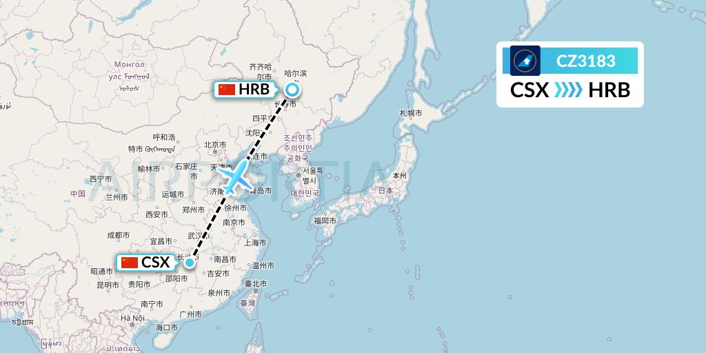 CZ3183 China Southern Airlines Flight Map: Changsha to Harbin