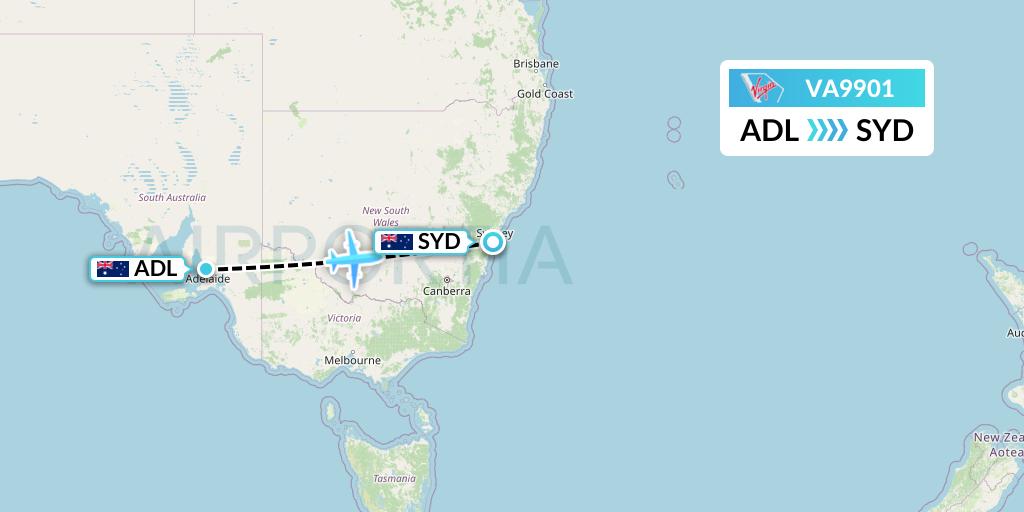 VA9901 Virgin Australia Flight Map: Adelaide to Sydney