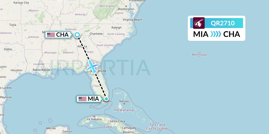 QR2710 Qatar Airways Flight Map: Miami to Chattanooga