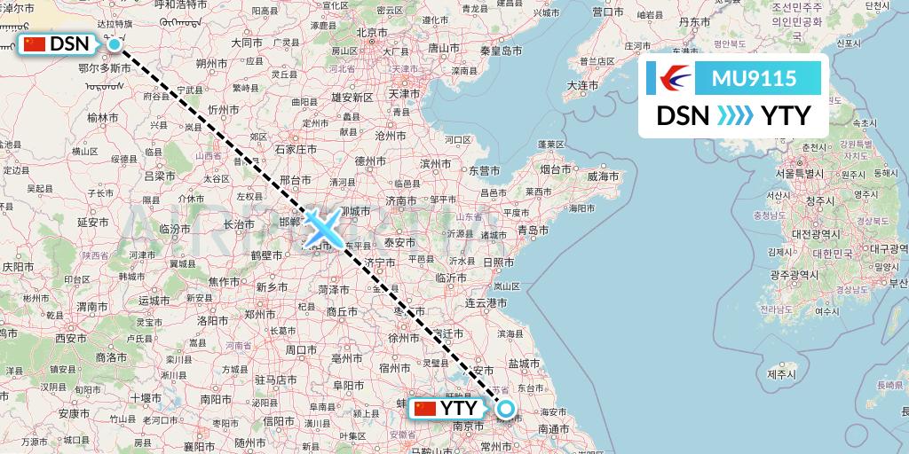 MU9115 China Eastern Airlines Flight Map: Dongsheng to Yangzhou