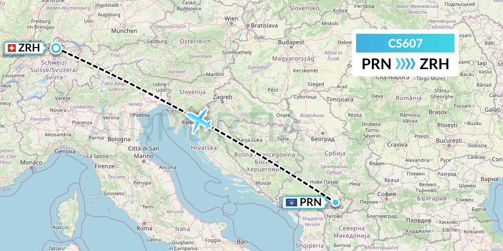 CS607 Continental Micronesia Flight Map: Pristina to Zurich