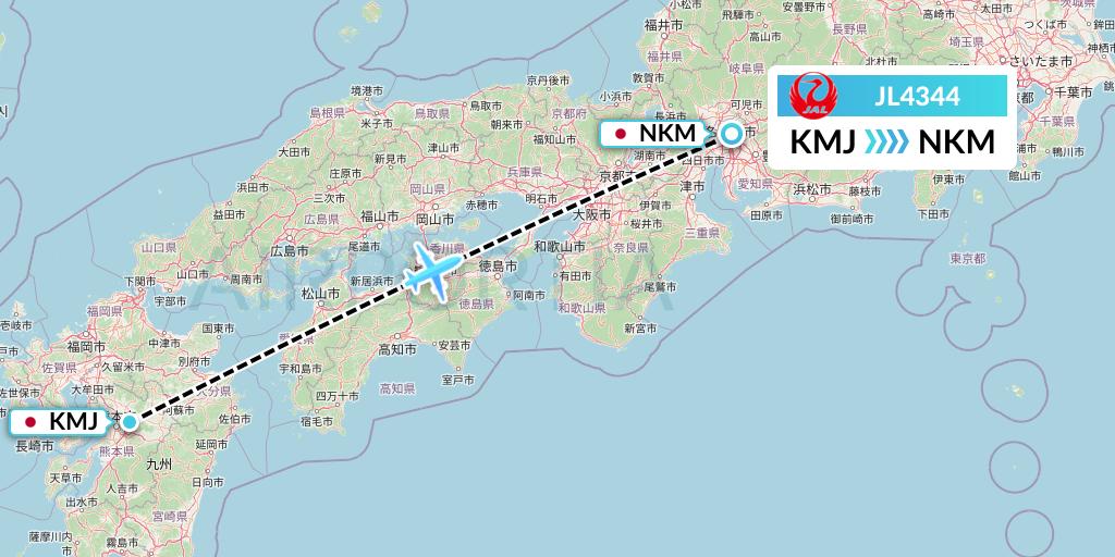 JL4344 Japan Airlines Flight Map: Kumamoto to Nagoya