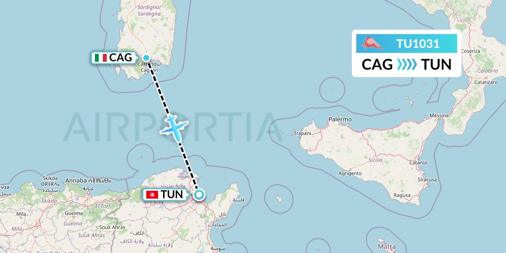 TU1031 Tunisair Flight Map: Cagliari to Tunis