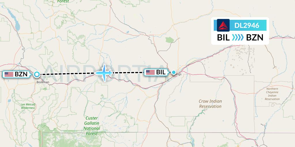 DL2946 Delta Air Lines Flight Map: Billings to Bozeman