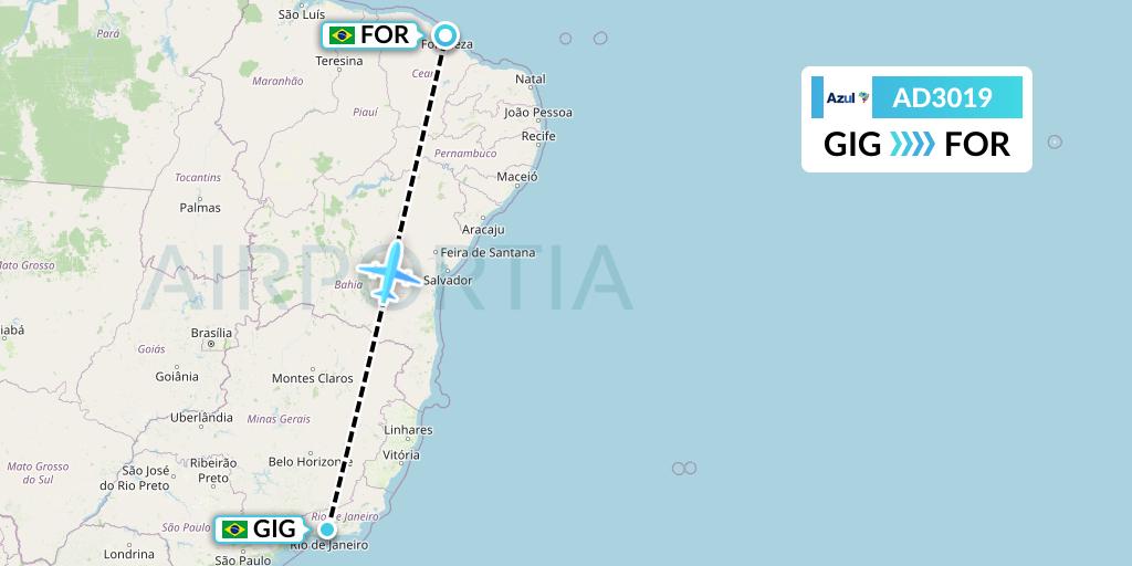 AD3019 Azul Brazilian Airlines Flight Map: Rio de Janeiro to Fortaleza