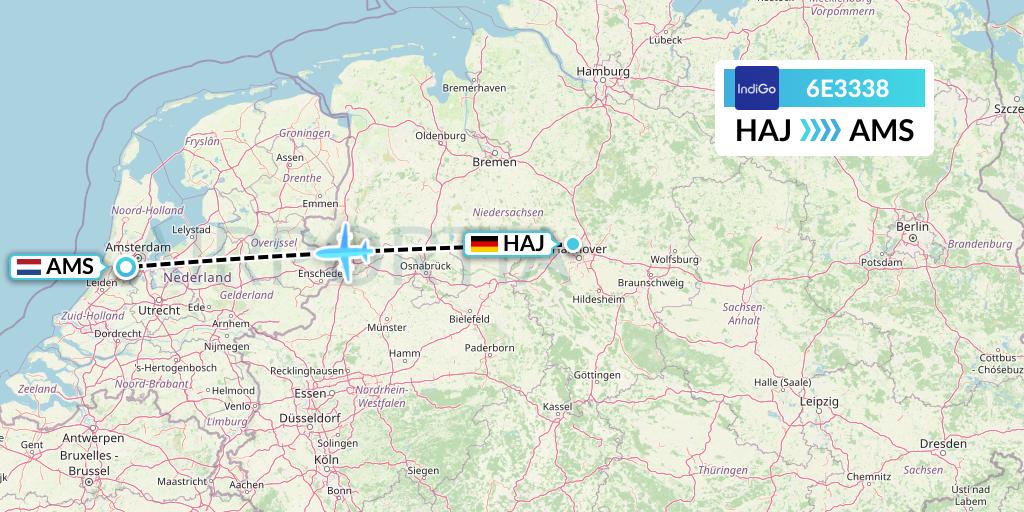 6E3338 IndiGo Airlines Flight Map: Hannover to Amsterdam